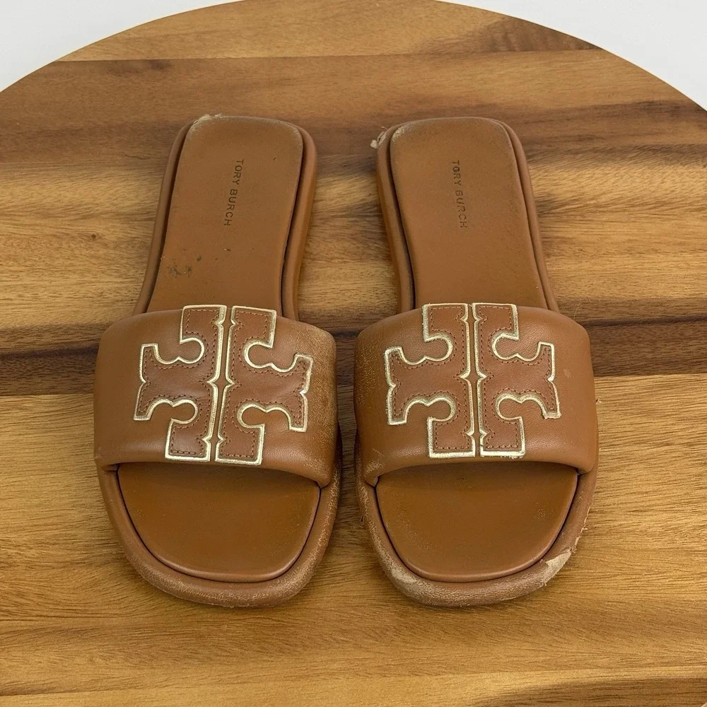 Womens Tory Burch Double T Tan Leather Slip On Flat Sport‎ Slides Sandals Size 8